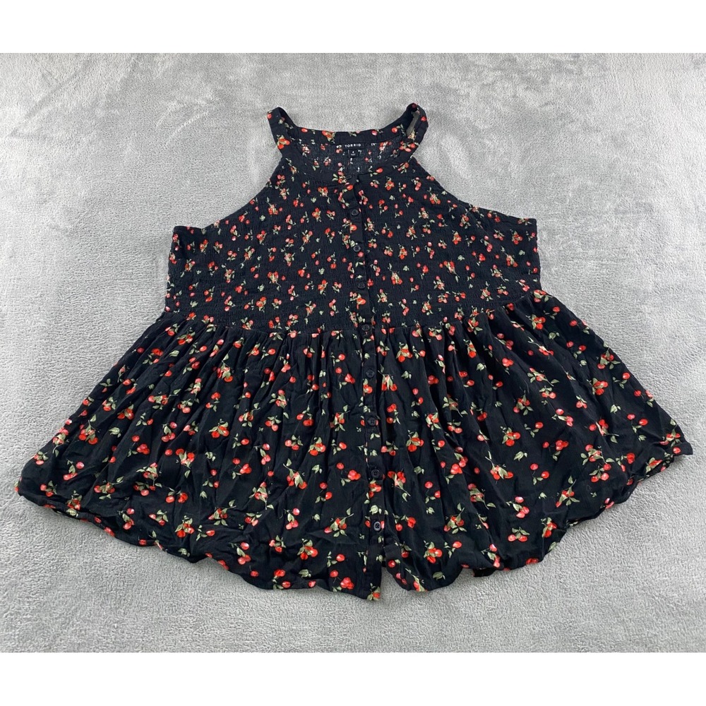 Torrid Womens Plus Size 4 Black Cherry Print Smocked Halter Babydoll Top Button